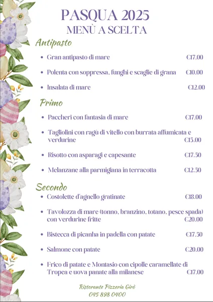 Menù di Pasqua 2025 al Ristorante Pizzeria Girò